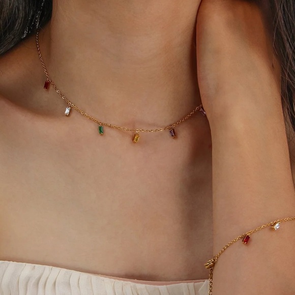 New 18K Gold Pink Square Zircon Pendant Necklace, nice Necklace, cute Necklace - Picture 2 of 5